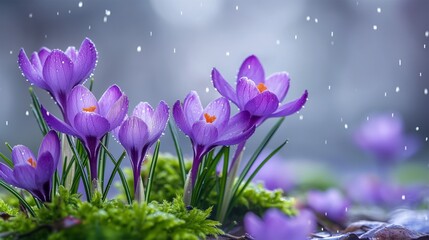 Purple crocuses with raindrops, next to blue crocus flowers on rainy tracks, AI-generated.