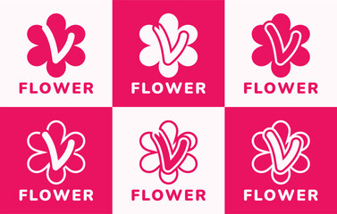 Set of letter V pink flower logo. This logo combines letters and pink flower shapes. Suitable for flower shops, flower farms, flower accessories shops and the like.