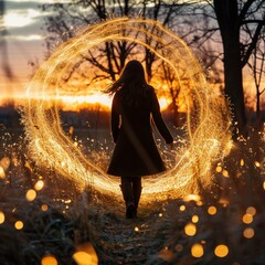 A woman, perhaps a fairy, dances in the moonlight of a magical forest - obrazy, fototapety, plakaty