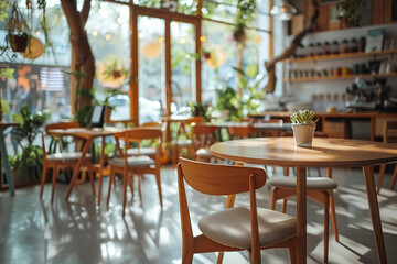 Obraz premium An empty cafe with wooden tables and chairs, and potted plants.