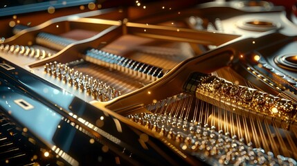 a shiny silver and gold grand piano with lots of strings