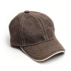 Close-up of a classic brown baseball cap with contrast stitching isolated on a white background.