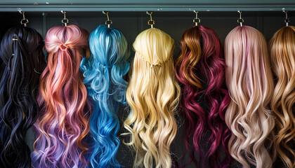 different colors and stiles of wigs - obrazy, fototapety, plakaty