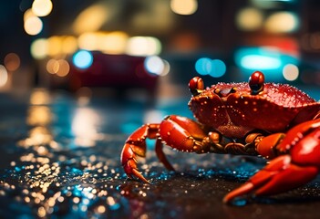AI-generated illustration of a crab sitting on a wet sidewalk under lights during rain