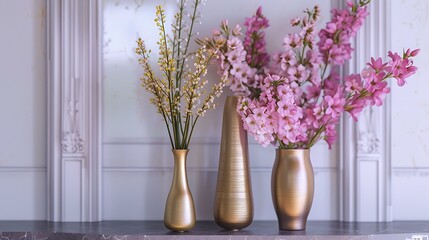 A set of three, varying height vases with a brushed gold finish, each holding a different type of flower, on a mantle