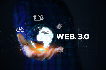 network Web 3.0 concept, man working using web3.0 analyzing data on futuristic virtual screen technology. Cutting-Edge Technology, decentralized technology data.