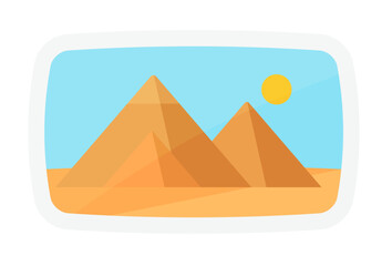 Egyptian pyramids in desert landscape, abstract travel sticker vector illustration