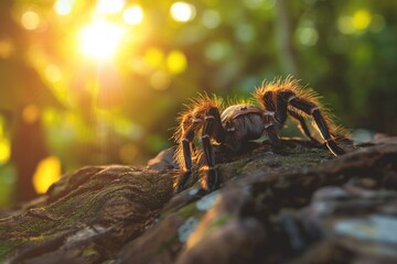 AI generated illustration of a big tarantula basking in sunlight on tree branch - obrazy, fototapety, plakaty