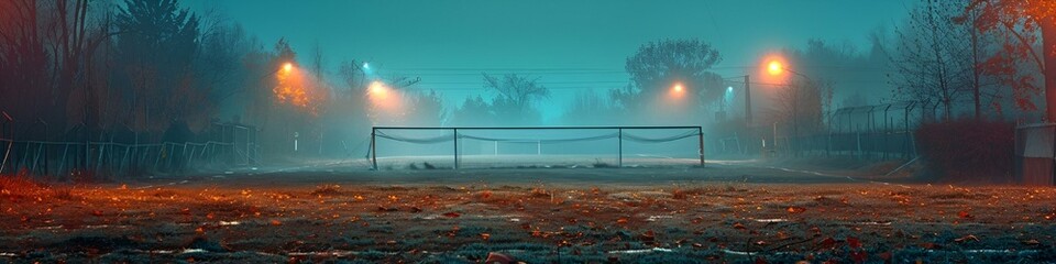 AI-generated illustration of a Foggy soccer field illuminated by nearby lamps - obrazy, fototapety, plakaty