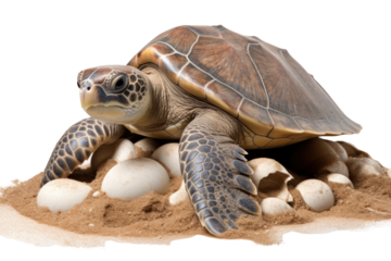 Brown sea turtle laying eggs.Isolated on transparent background.