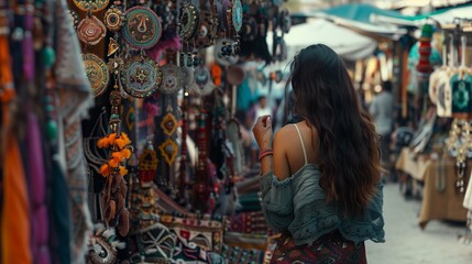 AI generated illustration of A woman Shopping at a Bohemian Market