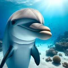 AI generated illustration of a dolphin swimming close to the camera in the ocean