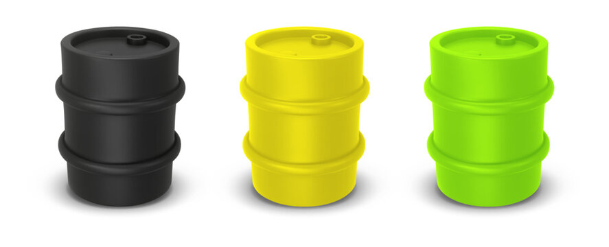 Set of round metal drum, barrel, 3D rendering. Vector illustration isolated on white. Yellow, green, black barrel of toxic, radioactive waste. Dangerous chemical liquids, flammable gases, toxins, oils