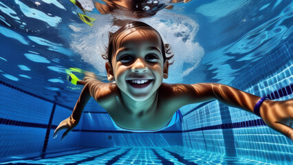 Cute happy Indian boy child dive underwater and have Fun of swimming. Portrait little kid swimmer in the Swimming Pool. Summer kids activity, water sports