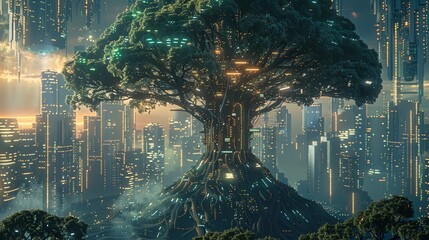 An imaginative scene where a grand treehouse stands amidst a futuristic urban skyline at dusk.