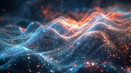 Abstract image of digital waves with glowing particles representing data flow, connectivity, and technology. - obrazy, fototapety, plakaty