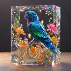 a bright colored bird in a square glass box with flowers