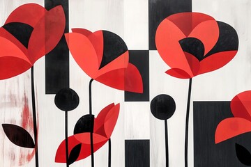 AI generated illustration of abstract poppy flowers on a white and black background