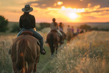 AI generated illustration of a group of individuals horseback riding in a field at sunset - obrazy, fototapety, plakaty