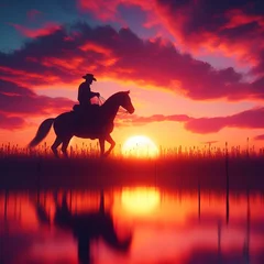 Poster AI-generated illustration of a Man riding a horse by water on the sunset background © Wirestock