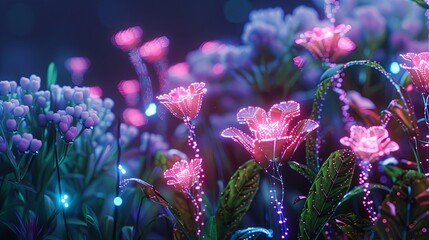 A vibrant display of fantasy flowers glowing with neon light in a mystical garden setting, illustrating a magical and dreamy scene.