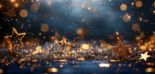 Glittering stars and golden dust creating a festive atmosphere. - obrazy, fototapety, plakaty