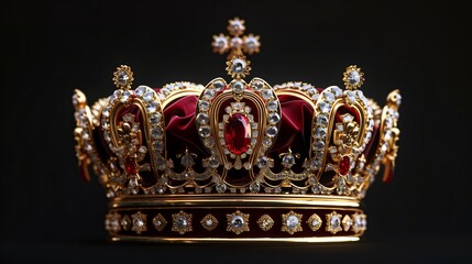 A royal crown adorned with precious gemstones on a black background, symbolizing power, elegance, and opulence