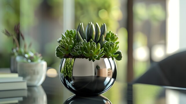 A sleek, oval-shaped vase with a metallic finish, holding a neat arrangement of green succulents on a home office desk