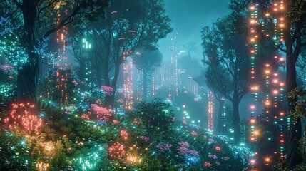 Digital art of a mystical forest scene with leaves emitting a bioluminescent glow, creating an enchanting and serene ambiance.