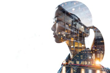 Double exposure, asian girl with image of modern buildings and highways
