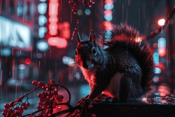 a black squirrel in the city, standing on a ledge with berries - obrazy, fototapety, plakaty
