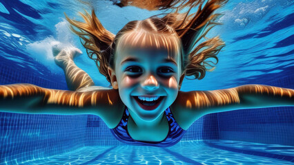 Cute happy caucasian girl child dive underwater and have Fun of swimming. Portrait little kid...