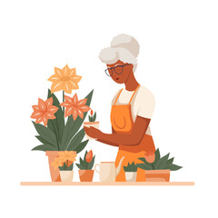 Vector flat illustration of a cute old African woman gardener in an apron with flowers in pots. Hobbies floristry and a pleasant pastime for pensioner. Illustration for articles and postcards - 784350322