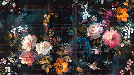 Preppy Wallpaper with Floral Elegance and Birds for Luxury Interiors, AI-generated.