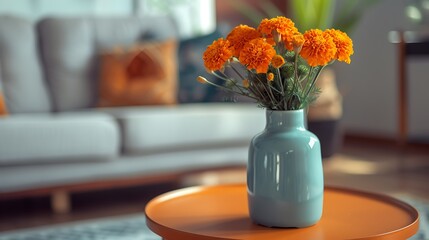 A sleek, tube-shaped ceramic vase in a vivid turquoise glaze, filled with bright orange marigolds on a mid-century modern coffee table