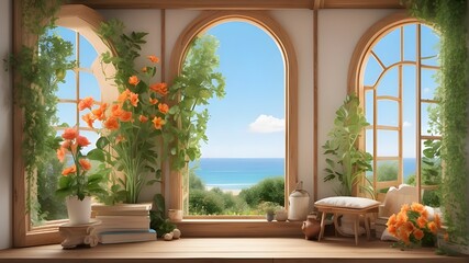 {A photorealistic portrait capturing a summer garden view through an open wooden window. The scene should be detailed, showing lush greenery, colorful flowers, and a clear blue sky in the background. 
