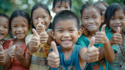 AI generated illustration of children from diverse countries smiling and giving a thumbs-up