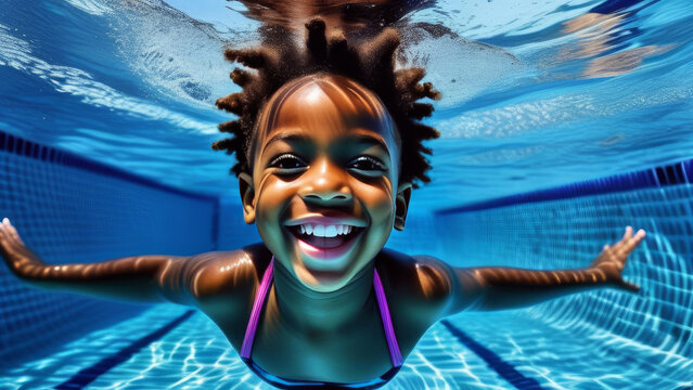 Cute happy black boy child dive underwater and have Fun of swimming. Portrait little afro kid swimmer in the Swimming Pool. Summer kids activity, water sports