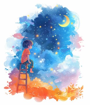Illustration of a man sitting on a ladder, reaching for the moon, perfect for books or school notebooks, inspiring dreams and aspirations