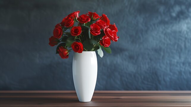 A sleek, white ceramic vase with an asymmetric design, filled with vibrant red roses on a polished wooden table