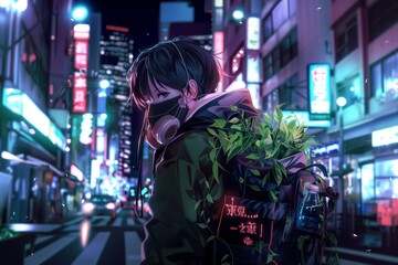 Fototapeta na wymiar A man with dark hair, wearing a cyberpunk mask and jacket holding green plants in his backpack