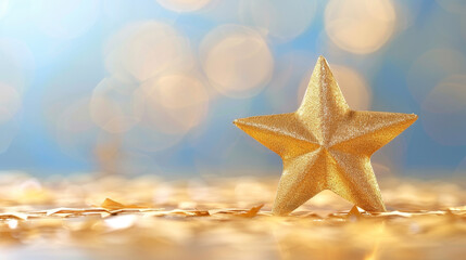 Fototapeta na wymiar Festive golden star sparkling against a bright, blurred bokeh backdrop.