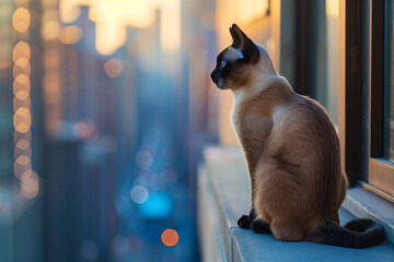 Serene Sunset: A Siamese Cat Contemplates the City from a High-Rise Window Ledge. AI Generated Photo - obrazy, fototapety, plakaty