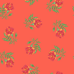 Marigold Flower Seamless Pattern. Hand Drawn Floral Digital Paper on Red Background.