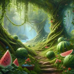 watermelon, plants and fruit in a jungle area