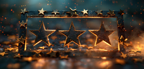 Three main gold stars with several others with sparkles on a dark background. - obrazy, fototapety, plakaty