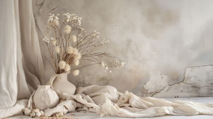 Artistic composition of dried flowers in a vase with textured backdrop and soft drapery, in neutral tones - obrazy, fototapety, plakaty