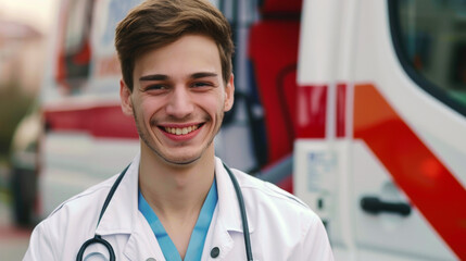 A young male doctor in uniform smiles against the background of an ambulance.