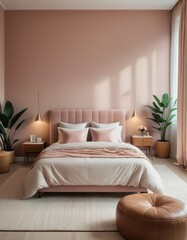 A stylish modern bedroom with a blush pink theme, complete with plush bedding, elegant furniture, and ambient lighting.