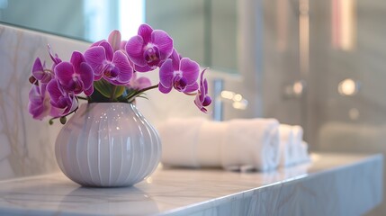 A sophisticated, flared vase with a pearly finish, holding a spray of exotic purple orchids on a...
